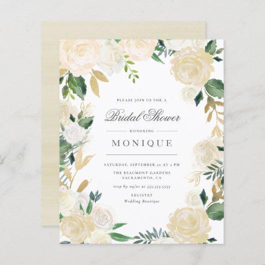 予算金ゴールドグリッターとアイボリーフローラブライダルシャワー (正面/裏面)