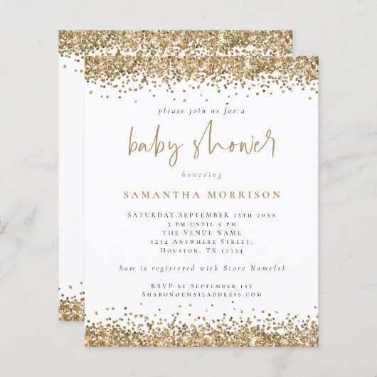 予算金ゴールドグリッターガールボーイベビーシャワー招待状 (正面/裏面)