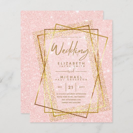 予算金ゴールドグリッターフォイルルック結婚式招待状 (正面/裏面)