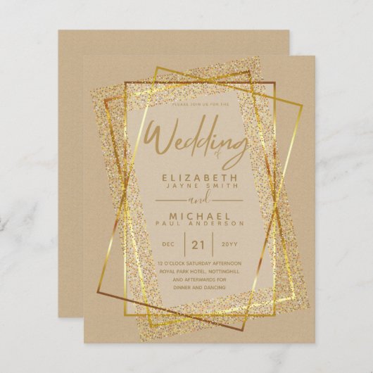 予算金ゴールドグリッターフォイルルック結婚式招待状 (正面/裏面)
