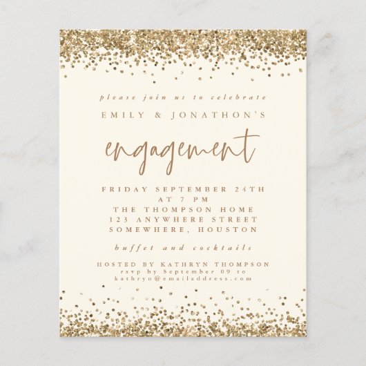 予算金ゴールドグリッターフォト婚約クリーム招待状 (正面)