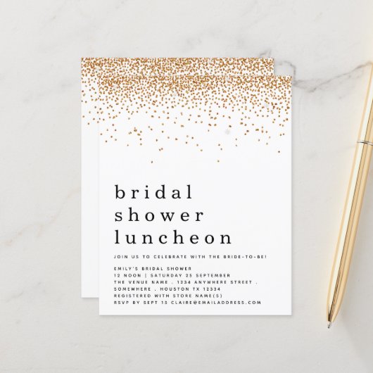 予算金ゴールドグリッターブライダルシャワールンチョン招待状 (正面/裏面インサイチュ)