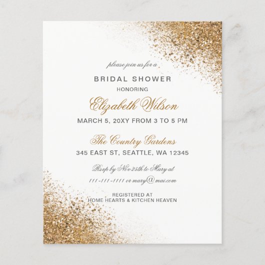 予算金ゴールドグリッターブライダルシャワー招待 (正面)