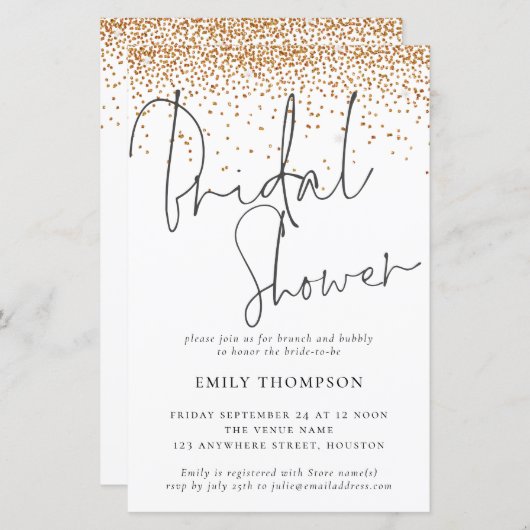 予算金ゴールドグリッターブライダルシャワー招待 (正面/裏面)