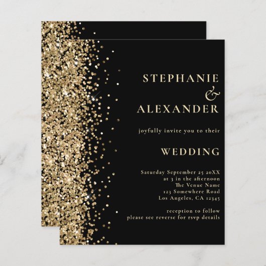 予算金ゴールドグリッターブラックQRコードウェディング招待 (正面/裏面)