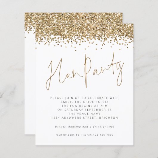 予算金ゴールドグリッターヘンパーティの招待状 (正面/裏面)