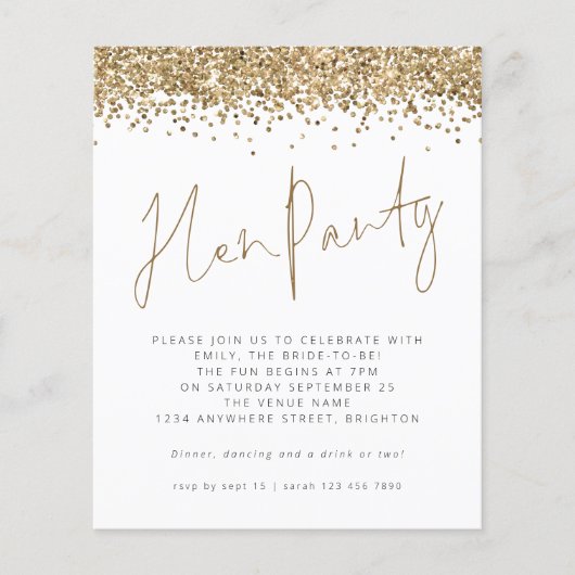 予算金ゴールドグリッターヘンパーティの招待状 (正面)