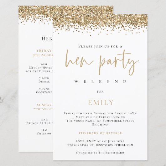 予算金ゴールドグリッターヘンパーティーウィークエンドホワイト招待状 (正面/裏面)