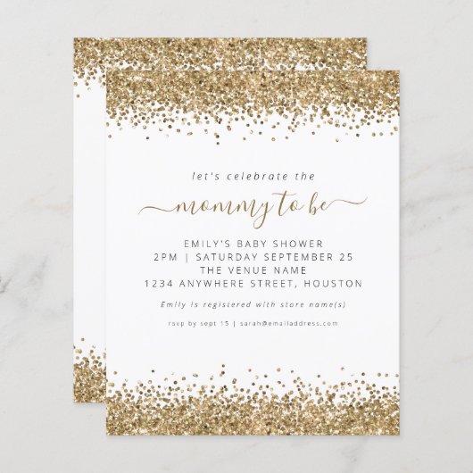 予算金ゴールドグリッターベビーシャワー招待状 (正面/裏面)
