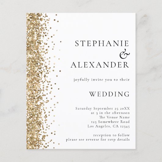 予算金ゴールドグリッターホワイトQRコードウェディング招待 (正面)