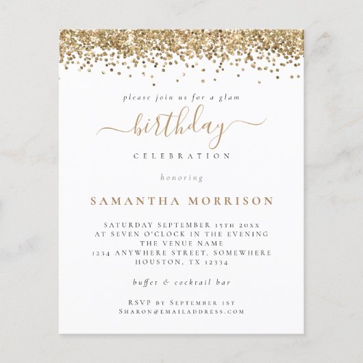 予算金ゴールドグリッター任意の年齢の誕生日パーティー招待状 (正面)