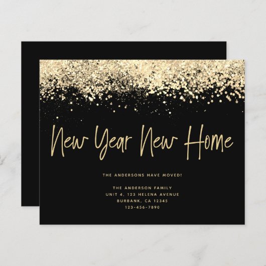 予算金ゴールドグリッター新年新住宅引越カード (正面/裏面)