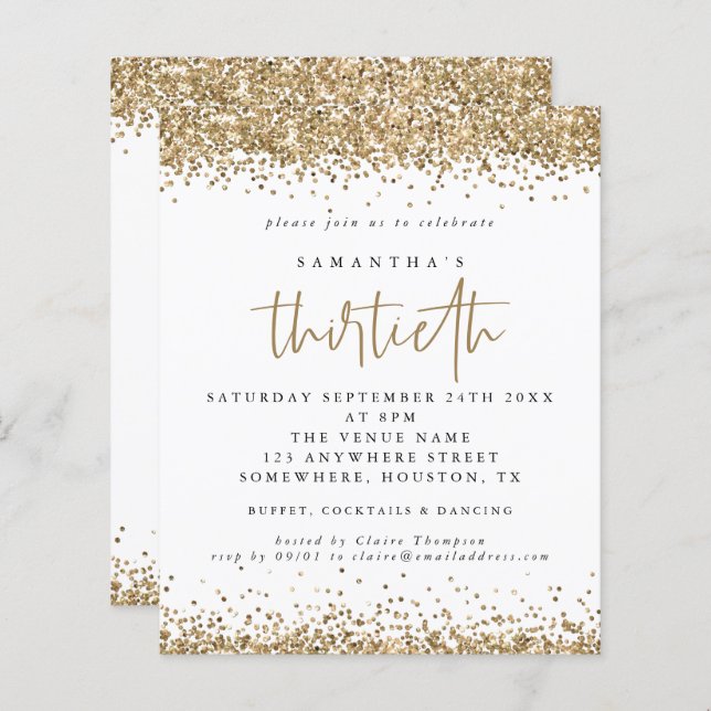 予算金ゴールドグリッター第30回パーティの招待状 (正面/裏面)