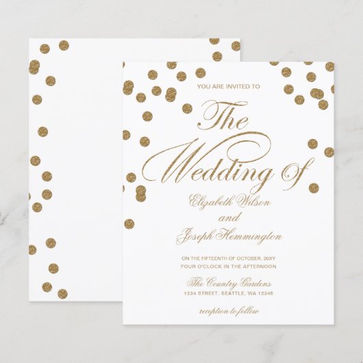 予算金ゴールドグリッター紙吹雪結婚式招待状 (正面/裏面)
