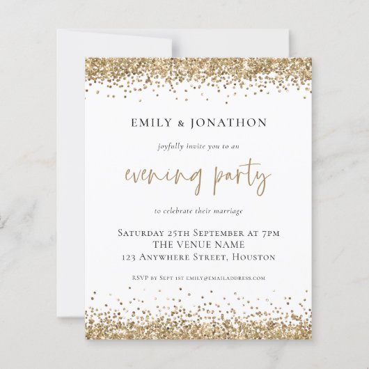 予算金ゴールドグリッター結婚の夕べパーティー招待状 (正面)
