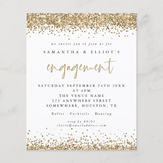 予算金ゴールドグリッター縁ど婚約パーティ招待状 (正面)