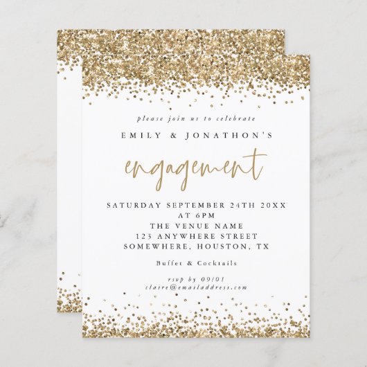 予算金ゴールドグリッター縁ど婚約招待状 (正面/裏面)