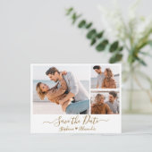 予算金ゴールドスクリプトフォトコラージュ日付の保存 案内ポストカード (スタンド正面)