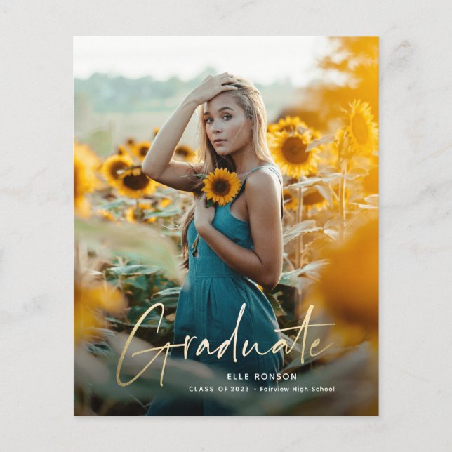 予算金ゴールドスクリプトフォト卒業招待状 (正面)