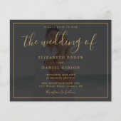 予算金ゴールドスクリプトフォト結婚式招待状 (正面)