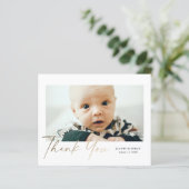 予算金ゴールドスクリプトベビー写真サンキューカード (スタンド正面)