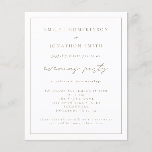 予算金ゴールドスクリプト夕べ結婚の夕べ招待状 (正面)