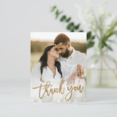 予算金ゴールドスクリプト結婚写真のサンキューカード (スタンド正面)