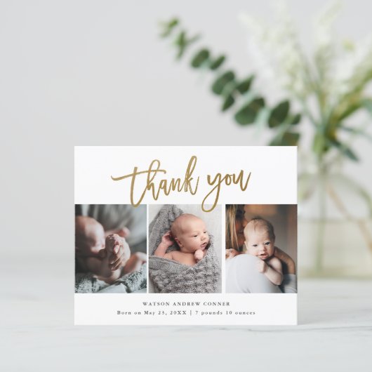 予算金ゴールドスクリプト3写真ベビーサンキューカード (スタンド正面)
