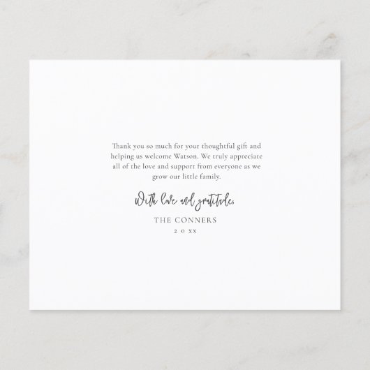 予算金ゴールドスクリプト3写真ベビーサンキューカード (裏面)