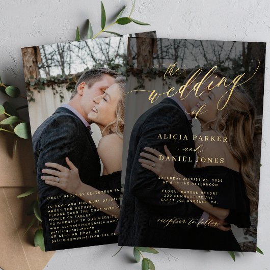 予算金ゴールドスクリプトQRフォト結婚式招待状