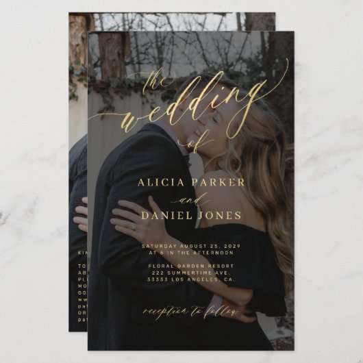 予算金ゴールドスクリプトQRフォト結婚式招待状 (正面/裏面)