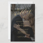 予算金ゴールドスクリプトQRフォト結婚式招待状 (正面)