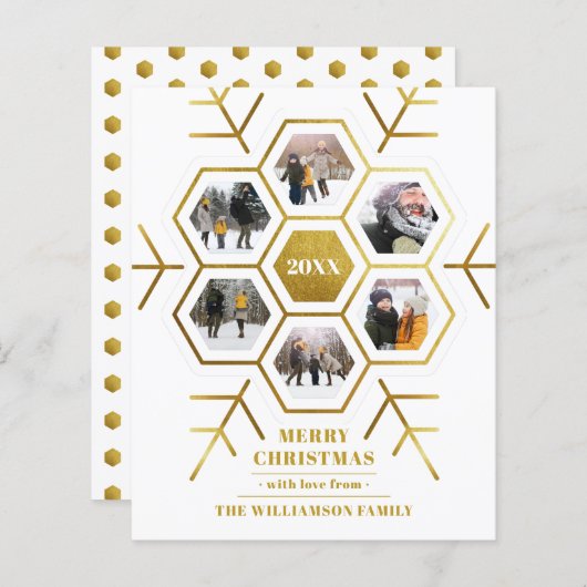 予算金ゴールドスノーフレーククリスマスホリデーフォトカード (正面/裏面)