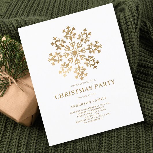 予算金ゴールドスノーフレーククリスマス招待状 チラシ