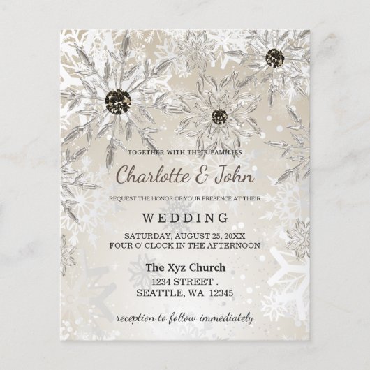 予算金ゴールドスノーフレークスウィンターウェディング招待状 (正面)