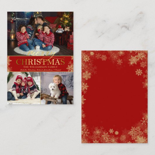 予算金ゴールドスノーフレーク3写真メリークリスマスカード ノートカード (正面/裏面)