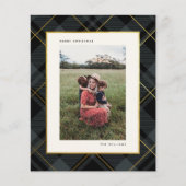 予算金ゴールドダークグリーンタータンチェッククリスマスフォトカード (正面)