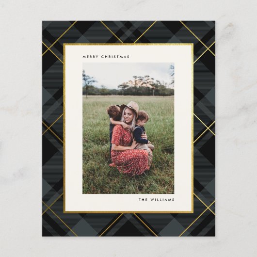 予算金ゴールドダークグリーンタータンチェッククリスマスフォトカード (正面)