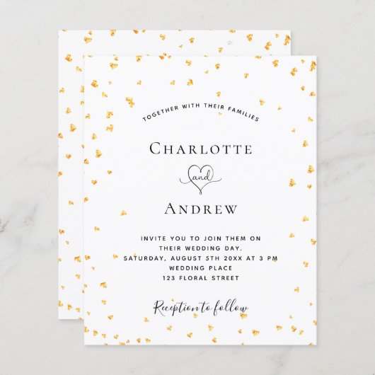 予算金ゴールドハート白結婚式招待状 (正面/裏面)