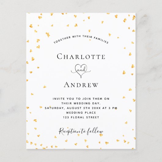 予算金ゴールドハート白結婚式招待状 (正面)