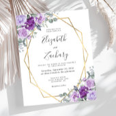 予算金ゴールドフレームパープルフローラ結婚式の招待