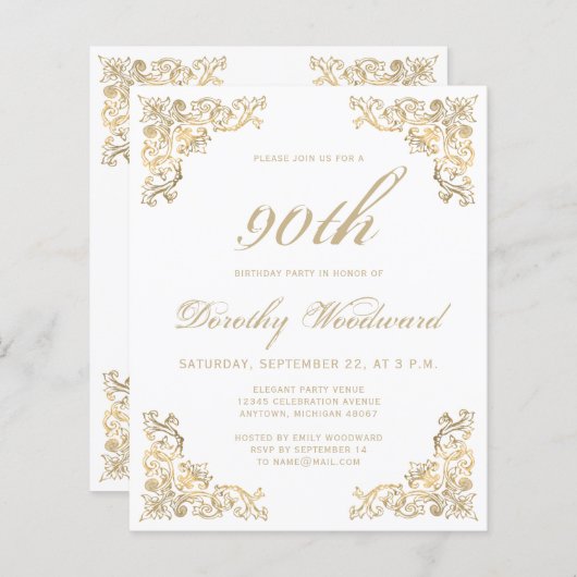 予算金ゴールドフレーム誕生日パーティーへの招待 (正面/裏面)