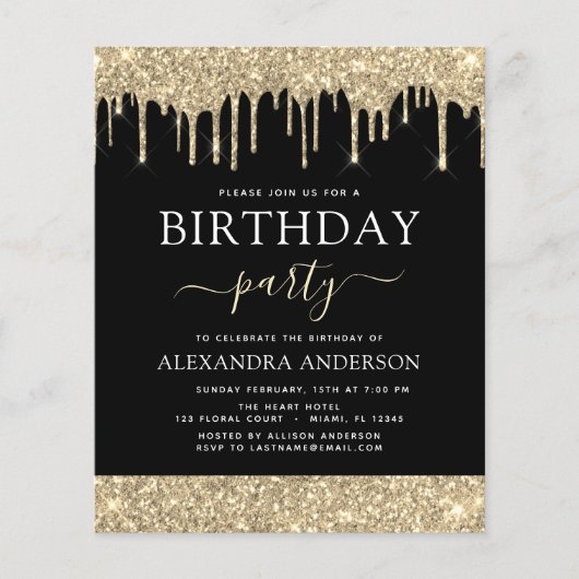 予算金ゴールドブラックグリッター任意の年齢誕生日 (正面)