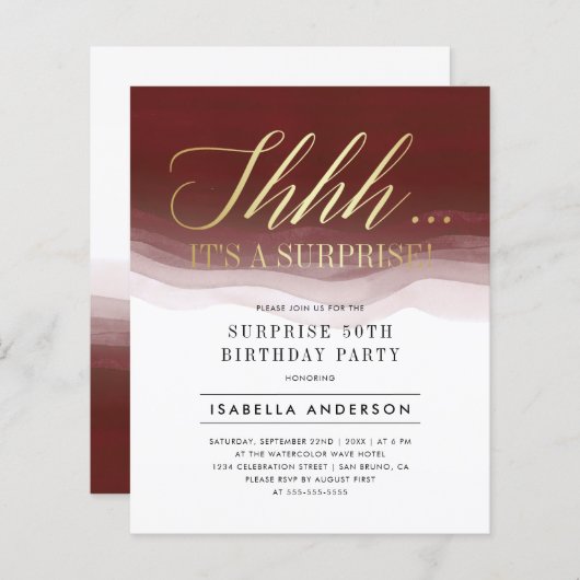 予算金ゴールドブルガンディーウォーターカラーサプライズ誕生日 (正面/裏面)