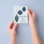 予算金ゴールドブルークリスマスオーナメント招待状 チラシ (手)