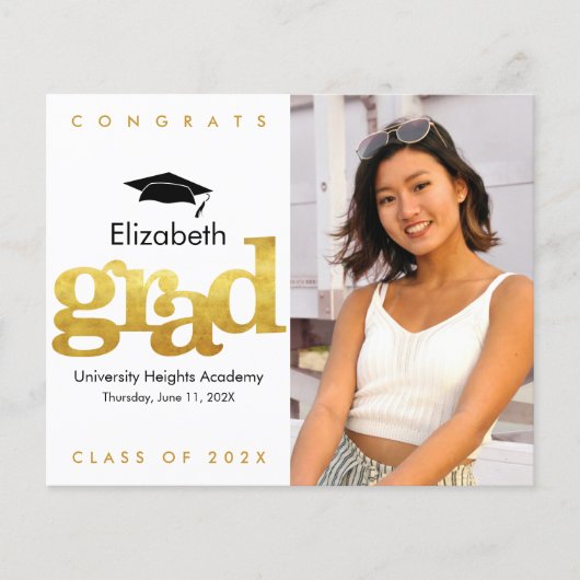 予算金ゴールドホワイトフォトキャップ卒業招待状 (正面)