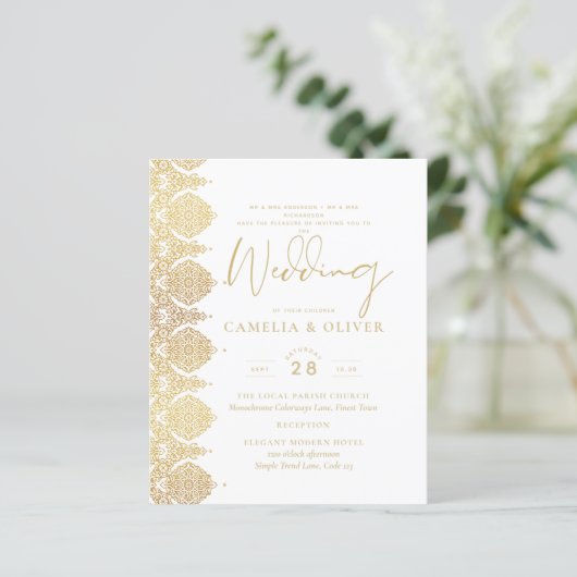 予算金ゴールドホワイトレースエレガントウェディング招待状 (スタンド正面)