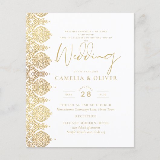 予算金ゴールドホワイトレースエレガントウェディング招待状 (正面)