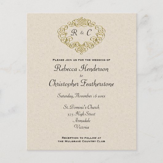 予算金ゴールドモノグラムのcrest結婚式招待状 チラシ (正面)