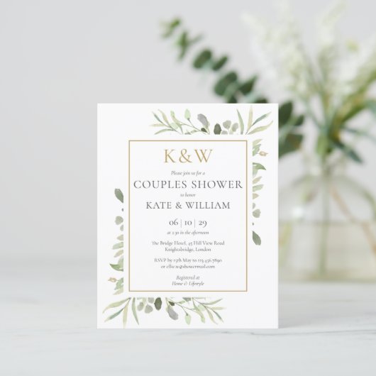 予算金ゴールドモノグラムブロージズカップルシャワー招待状 (スタンド正面)